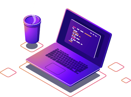 Ilustração de um notebook com código e uma xícara de café
